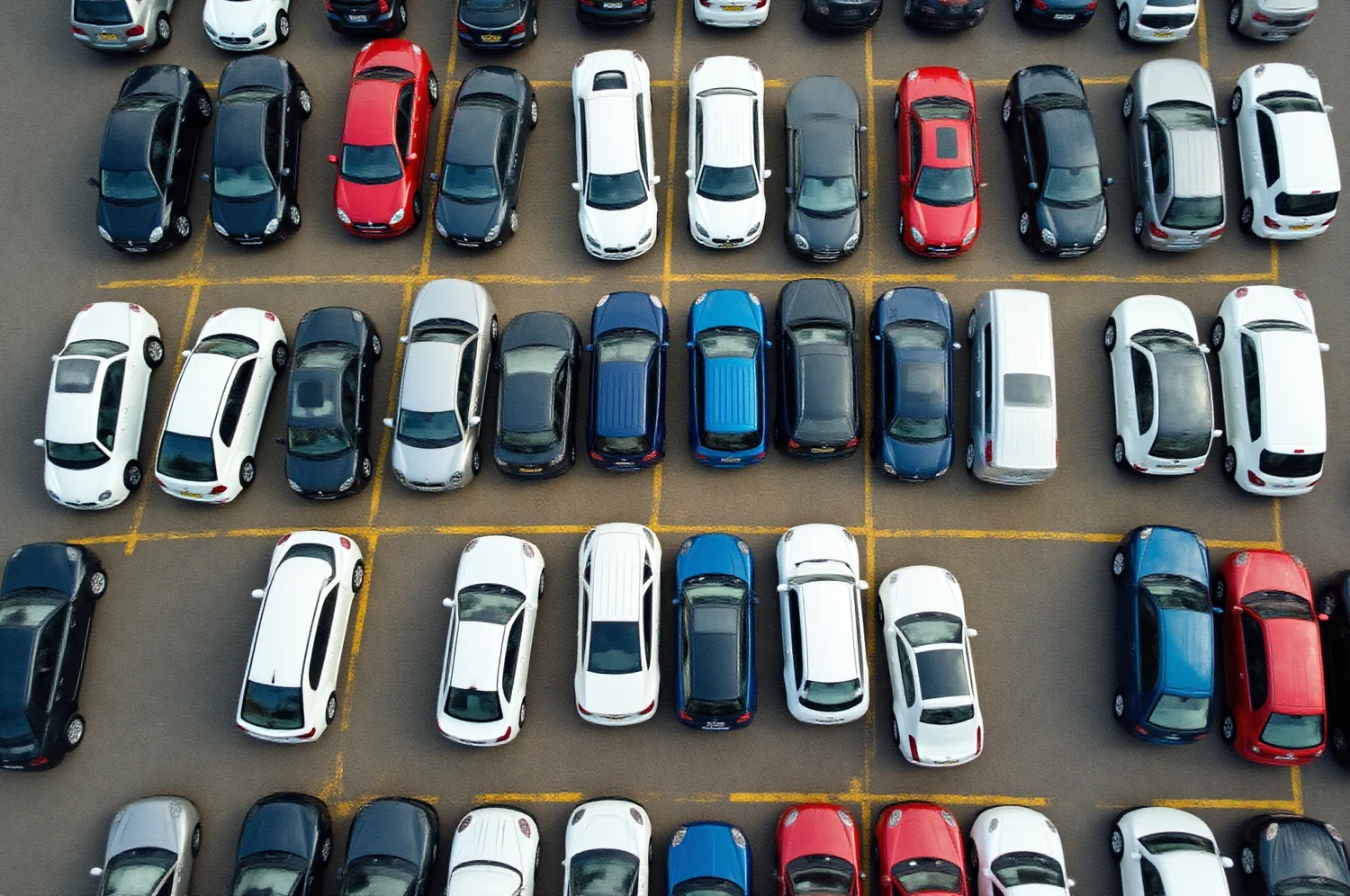 Kasutatud autode read parklas otse ülalt vaadatuna